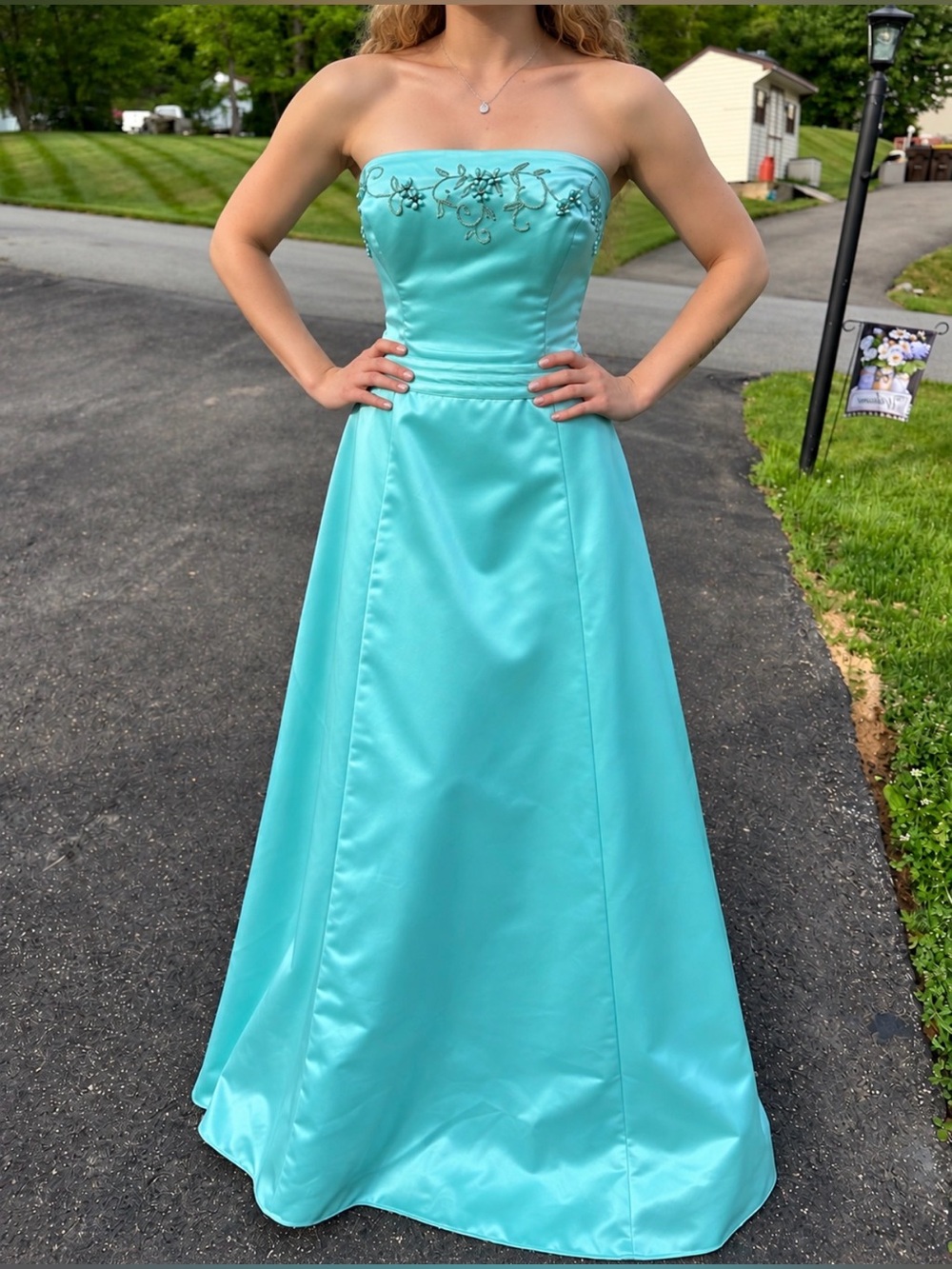 Morgan & Co. Strapless Aqua Prom Gown with Embroidered Bodice